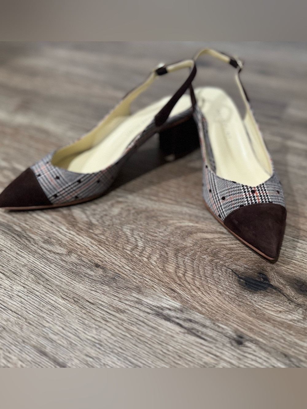 Sarah Flint Pointed Slingback Pumps in Brown Plaid